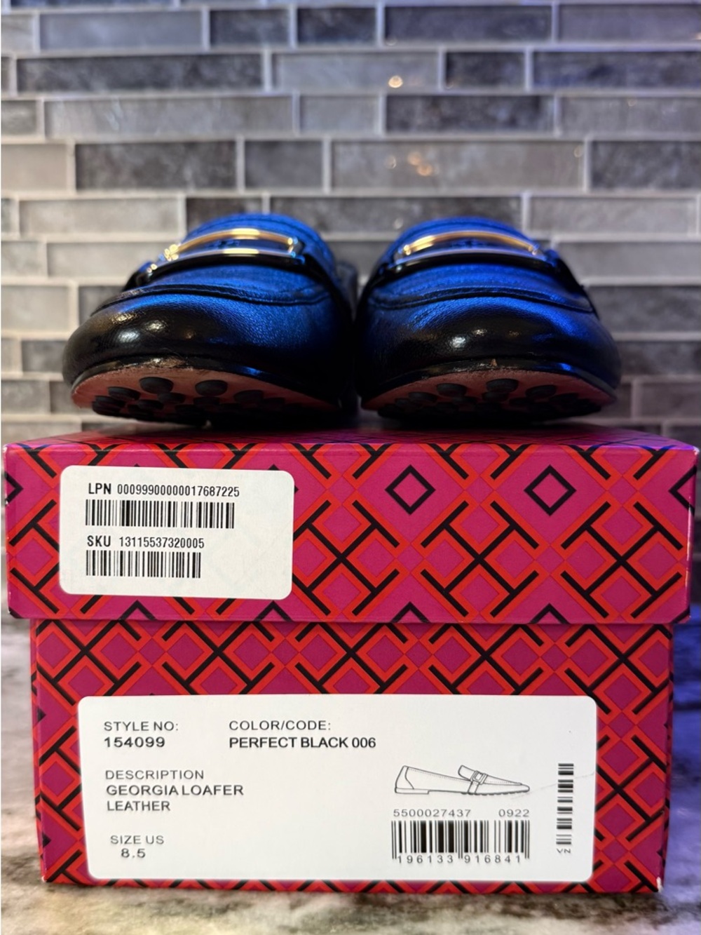 Tory Burch Black Leather Loafers with Gold Buckle Plaque - Picture 6 of 6